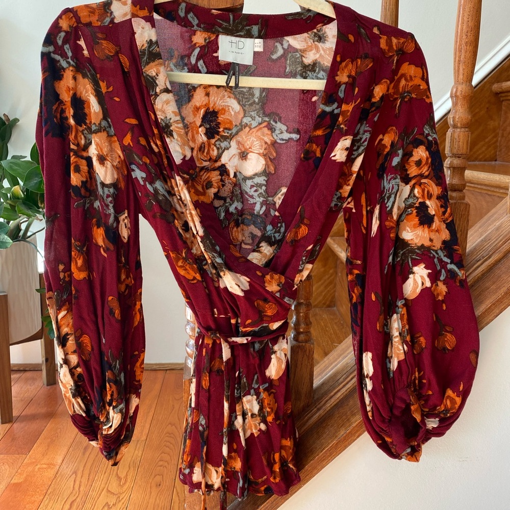 Anthropologie Floral Wrap Blouse - Burgundy and Orange